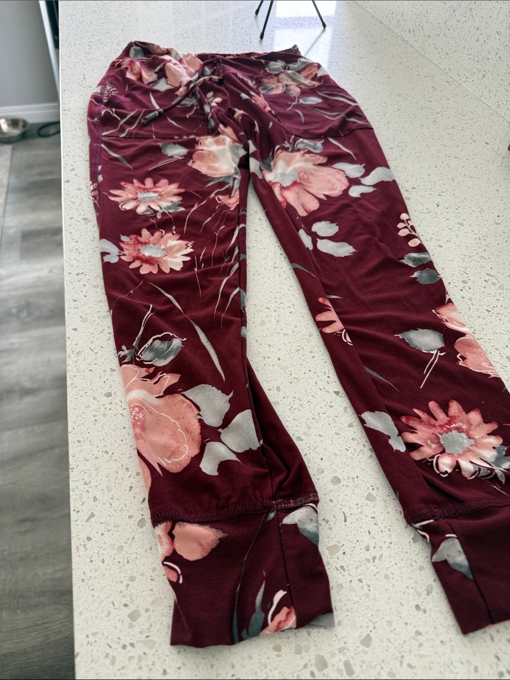 Grace & Lace Burgundy Floral Lounge Pants with Pink and Gray Leaves